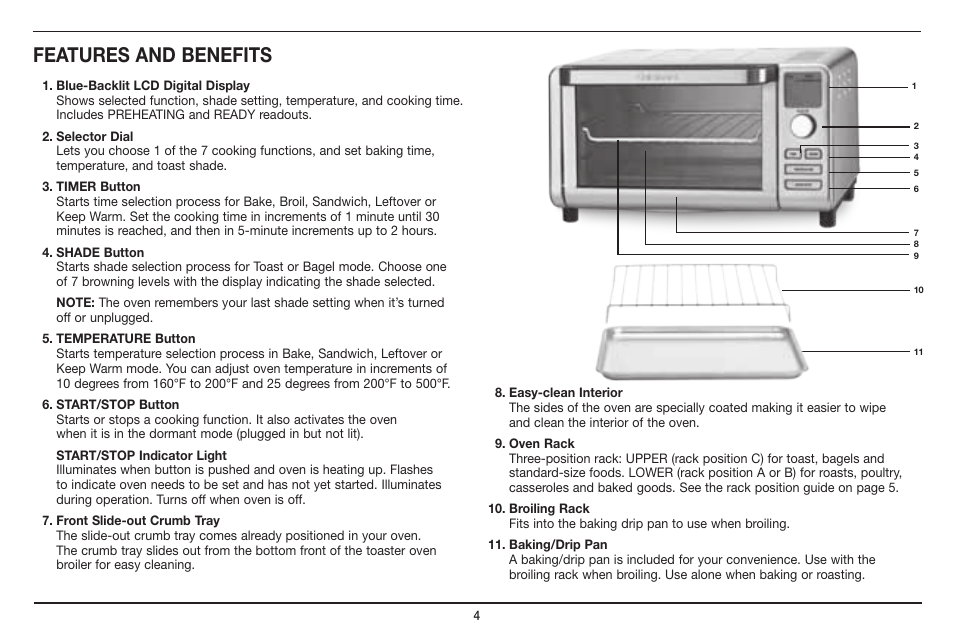 Features and benefits | Cuisinart Compact Digital Toaster Oven Broiler TOB-100 User Manual | Page 4 / 25