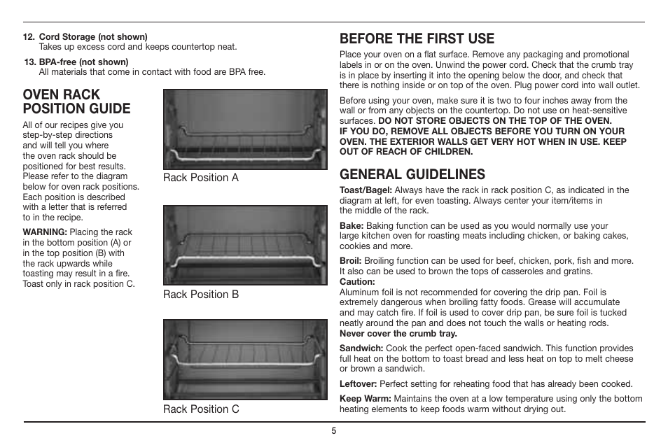 Oven rack position guide, Before the first use, General guidelines | Cuisinart Compact Digital Toaster Oven Broiler TOB-100 User Manual | Page 5 / 25
