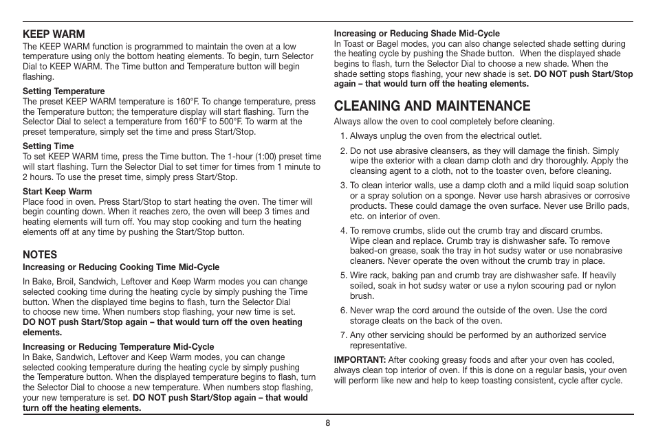 Cleaning and maintenance | Cuisinart Compact Digital Toaster Oven Broiler TOB-100 User Manual | Page 8 / 25