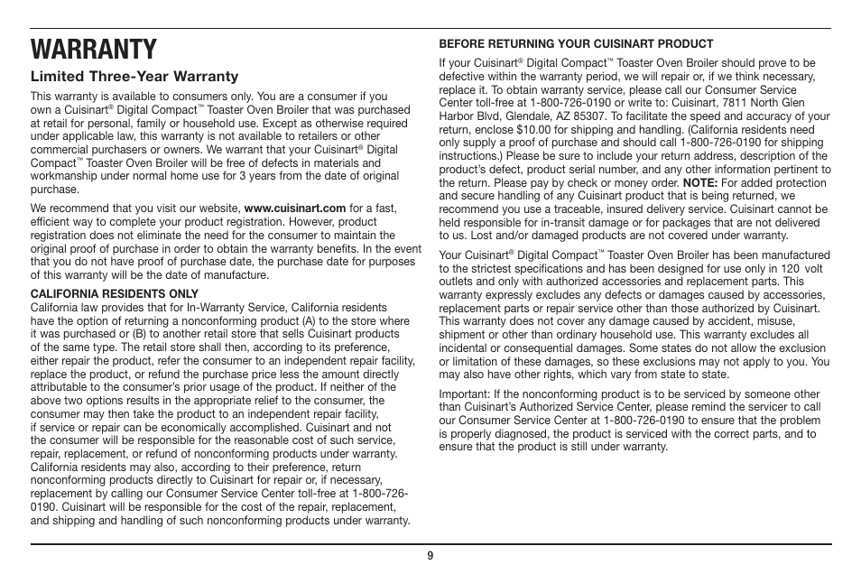 Warranty | Cuisinart Compact Digital Toaster Oven Broiler TOB-100 User Manual | Page 9 / 25