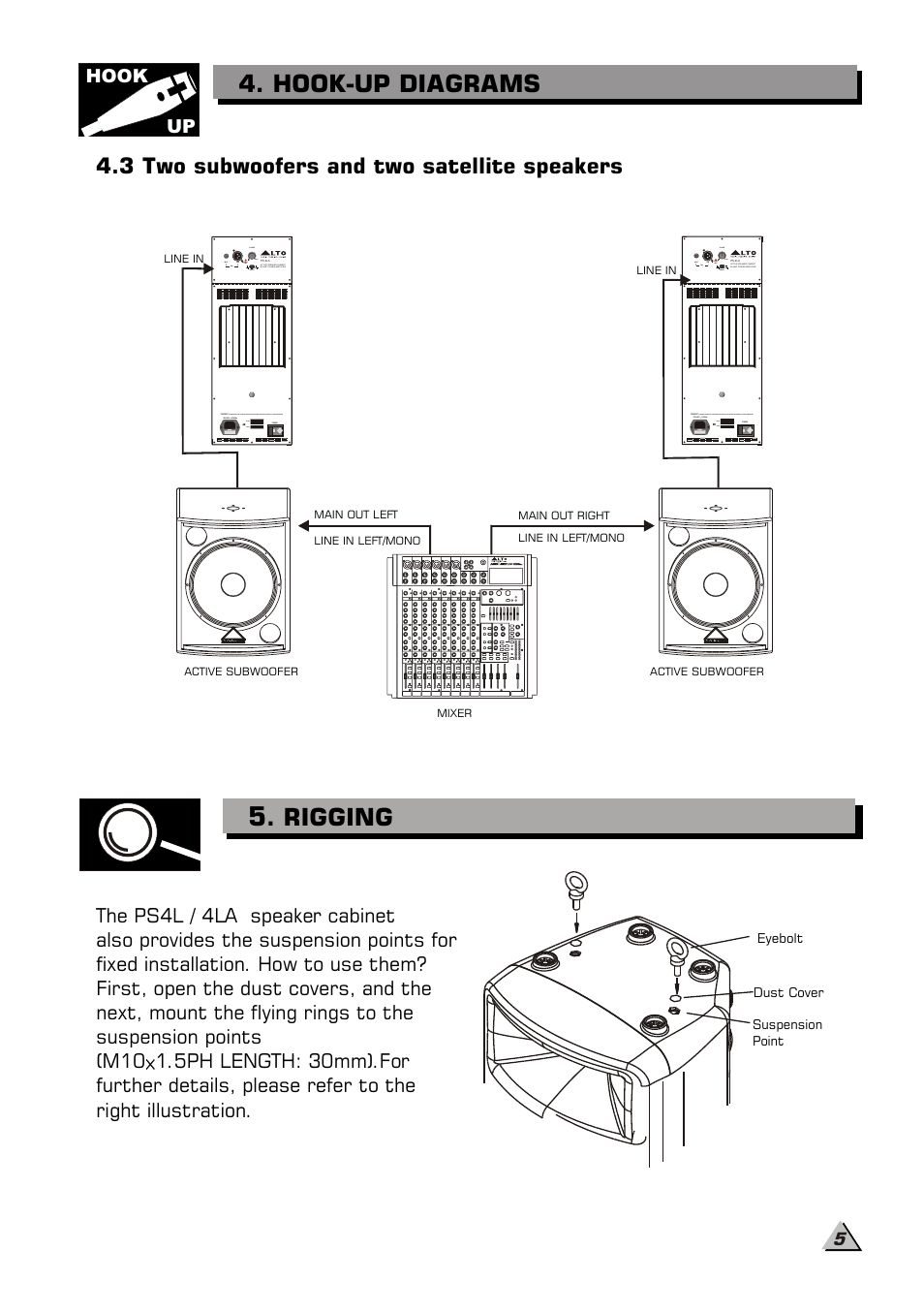 Rigging, Hook-up diagrams, 3 two subwoofers and two satellite speakers | Hook up | Alto Professional PS 4L User Manual | Page 7 / 12