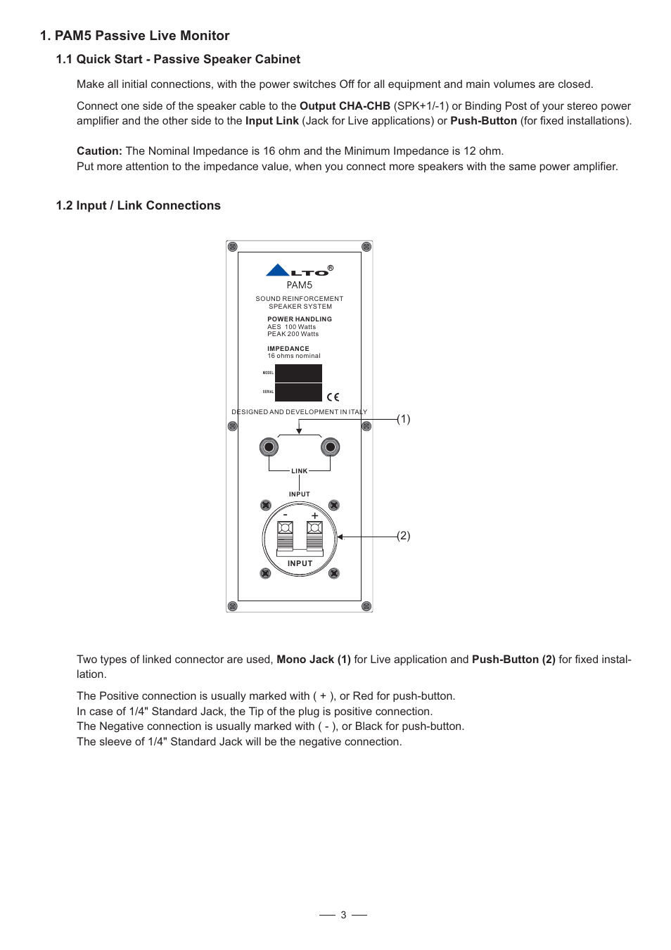 Pam5 passive live monitor, 1 quick start - passive speaker cabinet, 2 input / link connections | Alto Professional PAM5A User Manual | Page 4 / 10