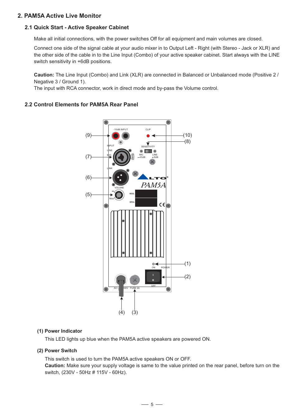 Pam5a, Pam5a active live monitor, 1 quick start - active speaker cabinet | 2 control elements for pam5a rear panel | Alto Professional PAM5A User Manual | Page 6 / 10