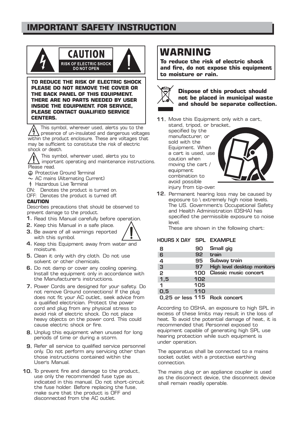 Caution, Warning, Important safety instruction | Alto Professional MS8MA User Manual | Page 2 / 12