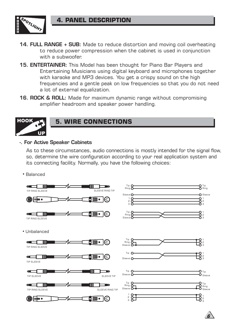 Panel description, Wire connections, For active speaker cabinets | Hook up, Balanced, Unbalanced, Spo tlight | Alto Professional MS8MA User Manual | Page 8 / 12