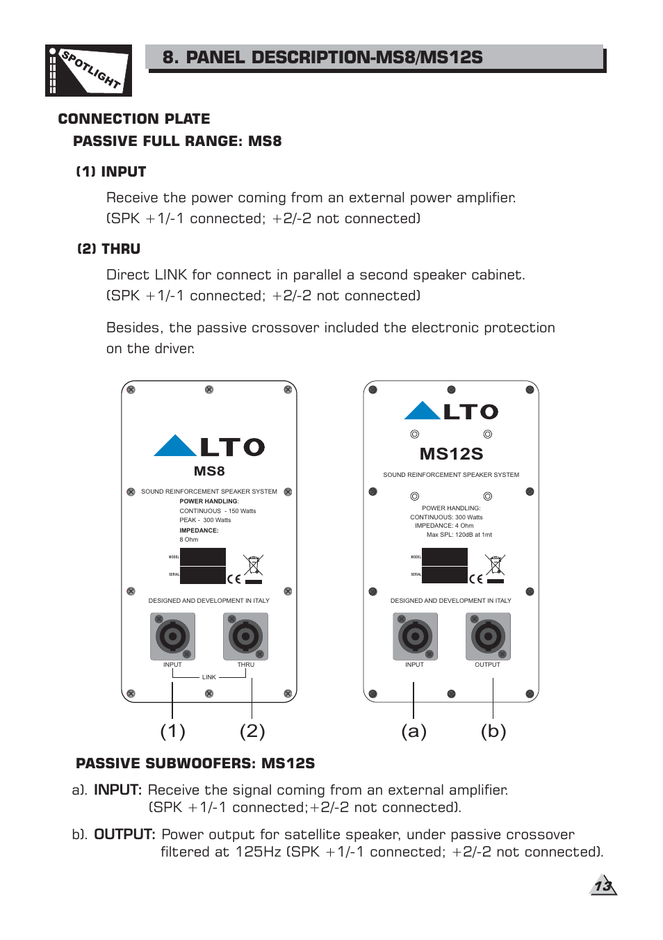 A) (b), Panel description-ms8/ms12s, Ms12s | Alto Professional MS8 User Manual | Page 15 / 19