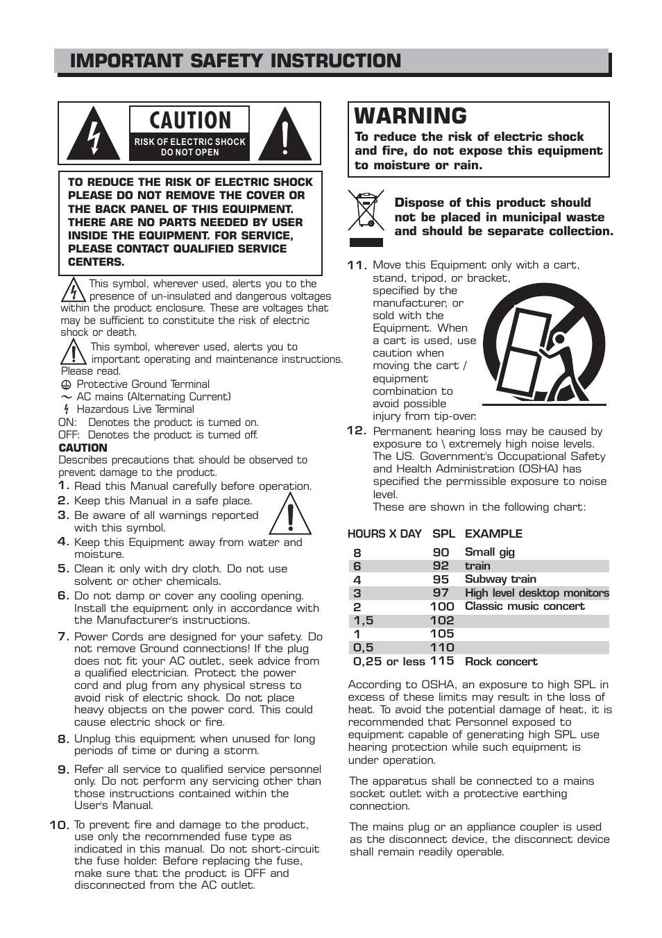 Caution, Warning, Important safety instruction | Alto Professional MS18S User Manual | Page 2 / 14