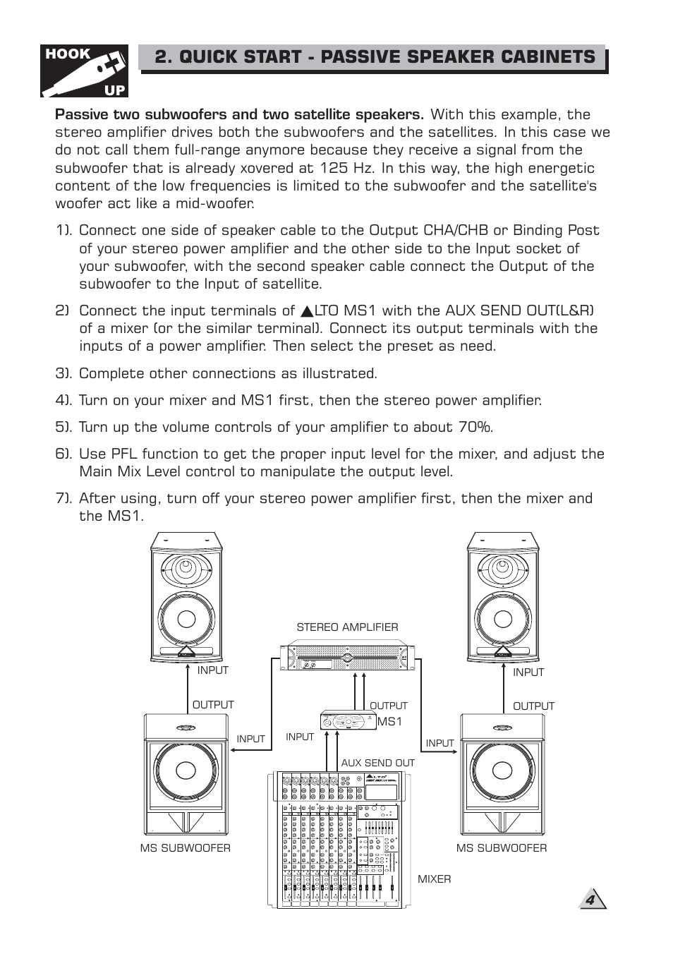 Quick start - passive speaker cabinets, Hook up | Alto Professional MS18S User Manual | Page 6 / 14