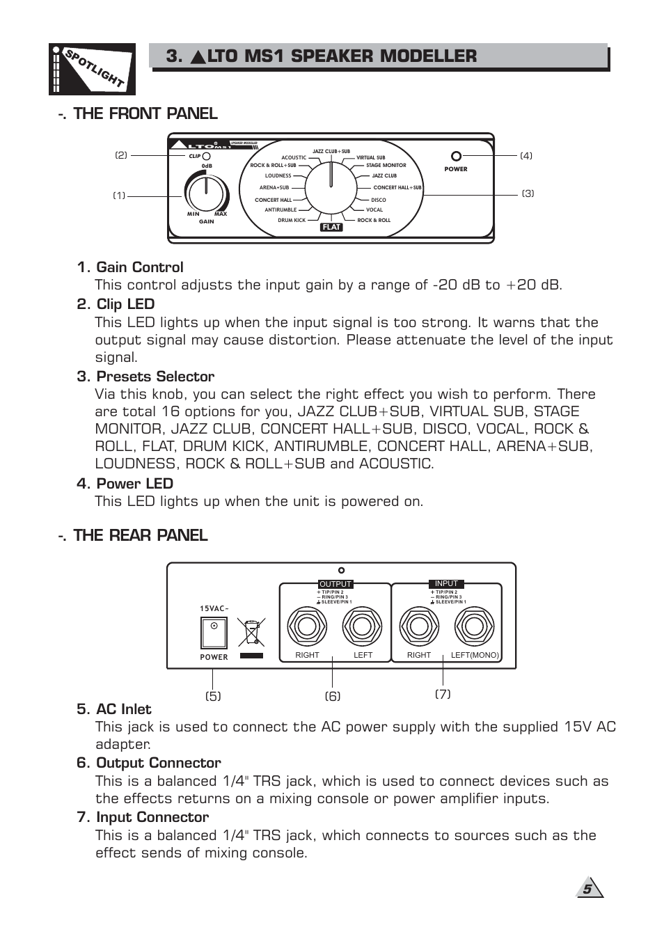 Lto ms1 speaker modeller, The front panel, The rear panel | Alto Professional MS18S User Manual | Page 7 / 14