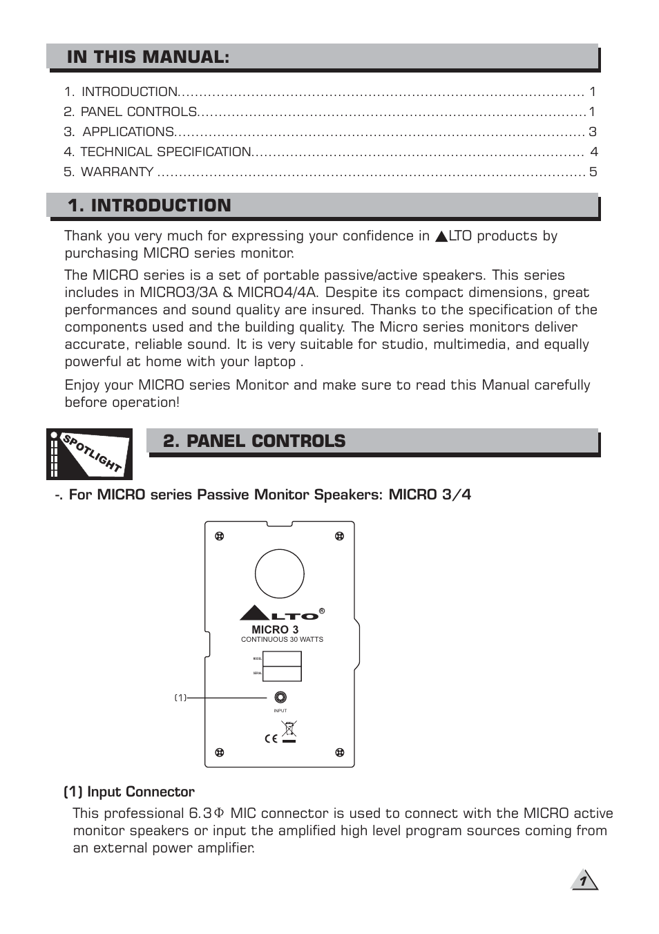 Introduction, Panel controls | Alto Professional MICRO 4 User Manual | Page 3 / 8