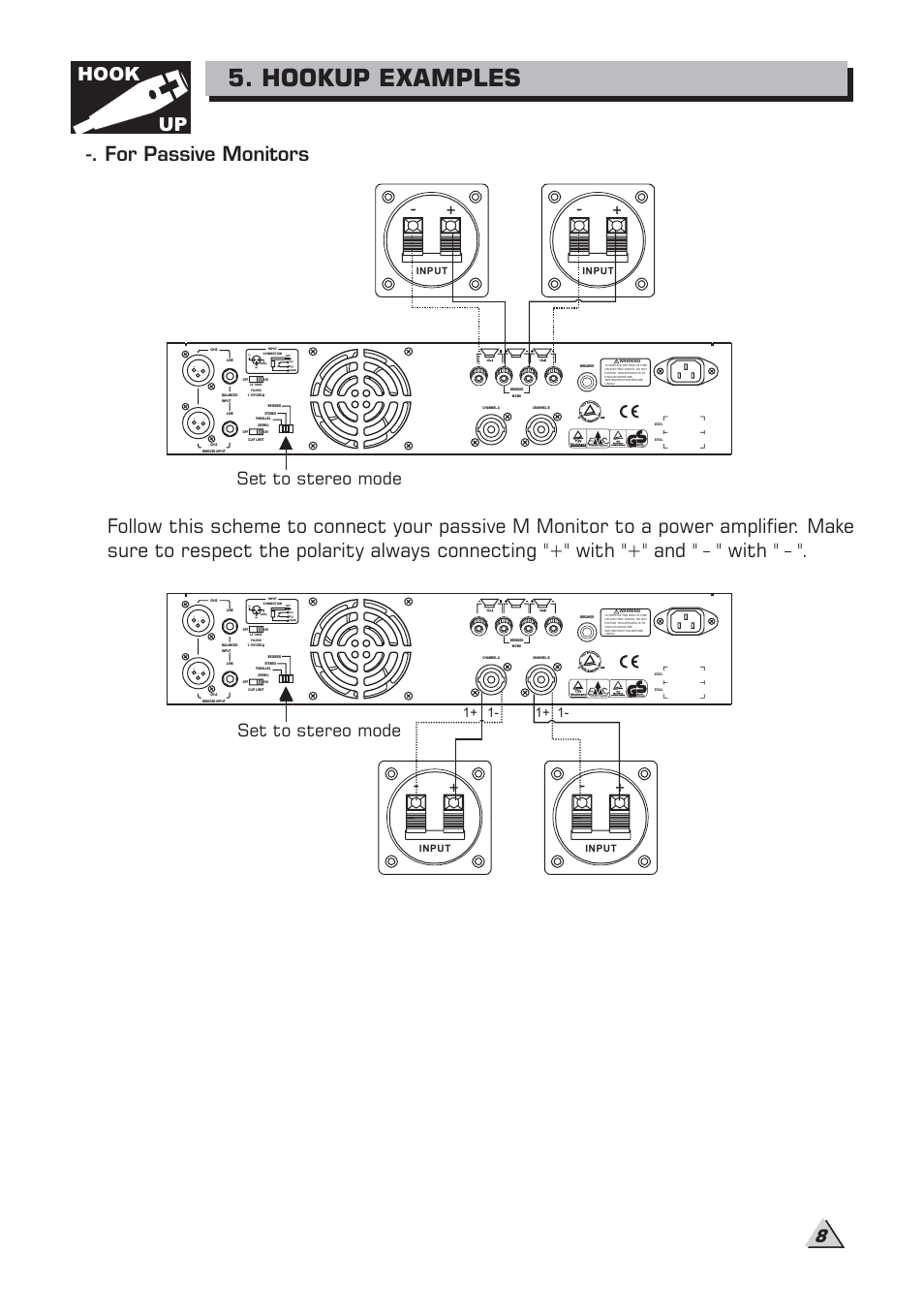 Hookup examples, For passive monitors, Hook up | Set to stereo mode, Set to stereo mode 8, Input | Alto Professional M5A User Manual | Page 10 / 16