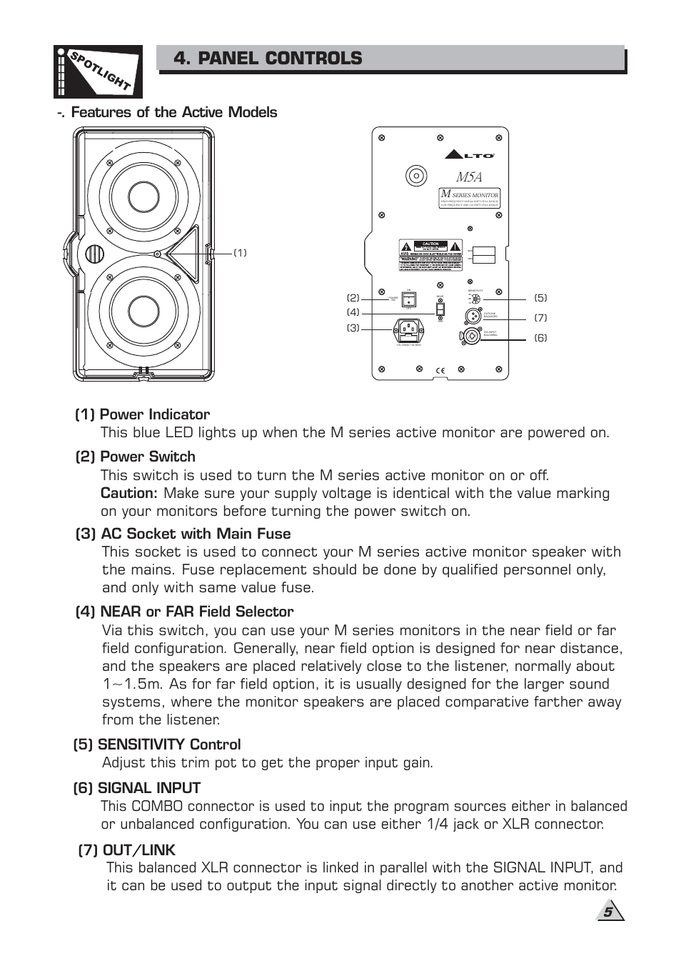 Panel controls | Alto Professional M5A User Manual | Page 7 / 16