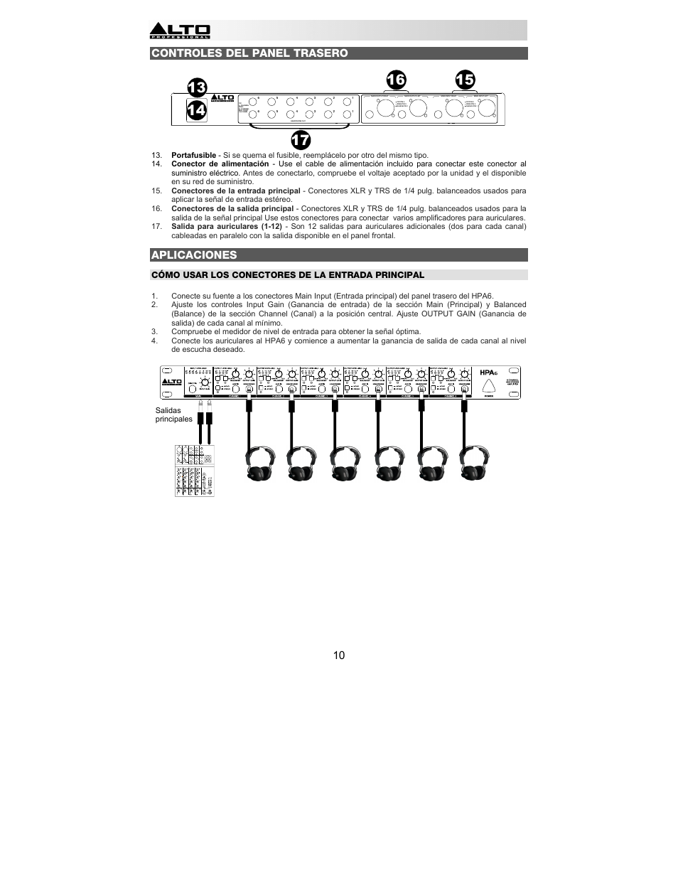 10 controles del panel trasero, Aplicaciones, Cómo usar los conectores de la entrada principal | Alto Professional HPA6 User Manual | Page 10 / 40
