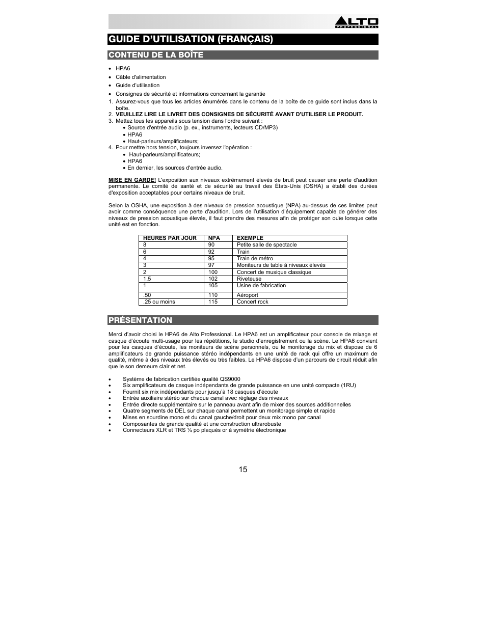 Guide d’utilisation (français), Contenu de la boîte, Présentation | Alto Professional HPA6 User Manual | Page 15 / 40