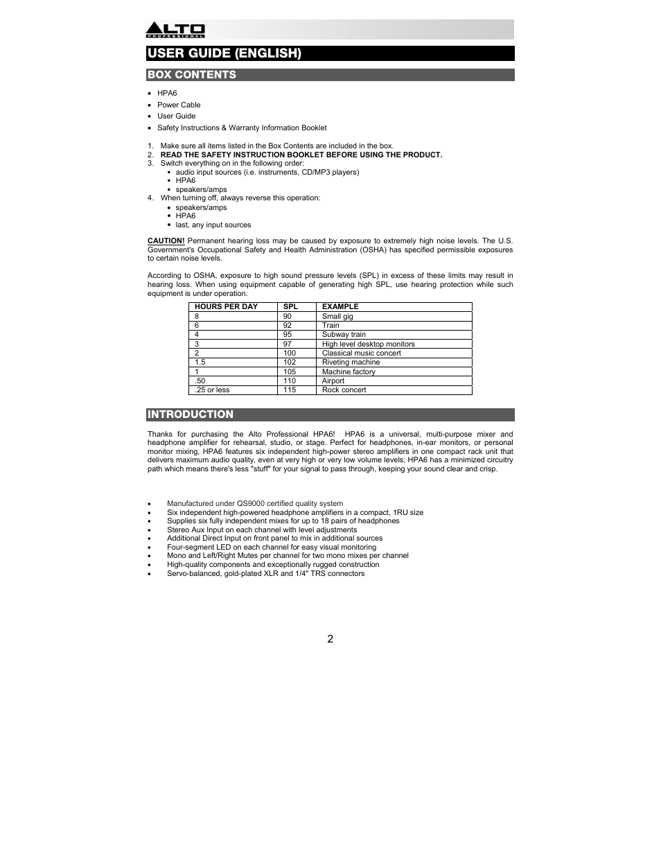 User guide (english), Box contents, Introduction | Alto Professional HPA6 User Manual | Page 2 / 40
