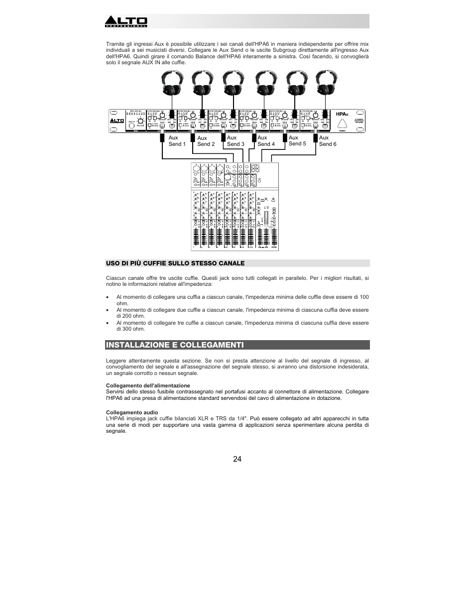Installazione e collegamenti | Alto Professional HPA6 User Manual | Page 24 / 40