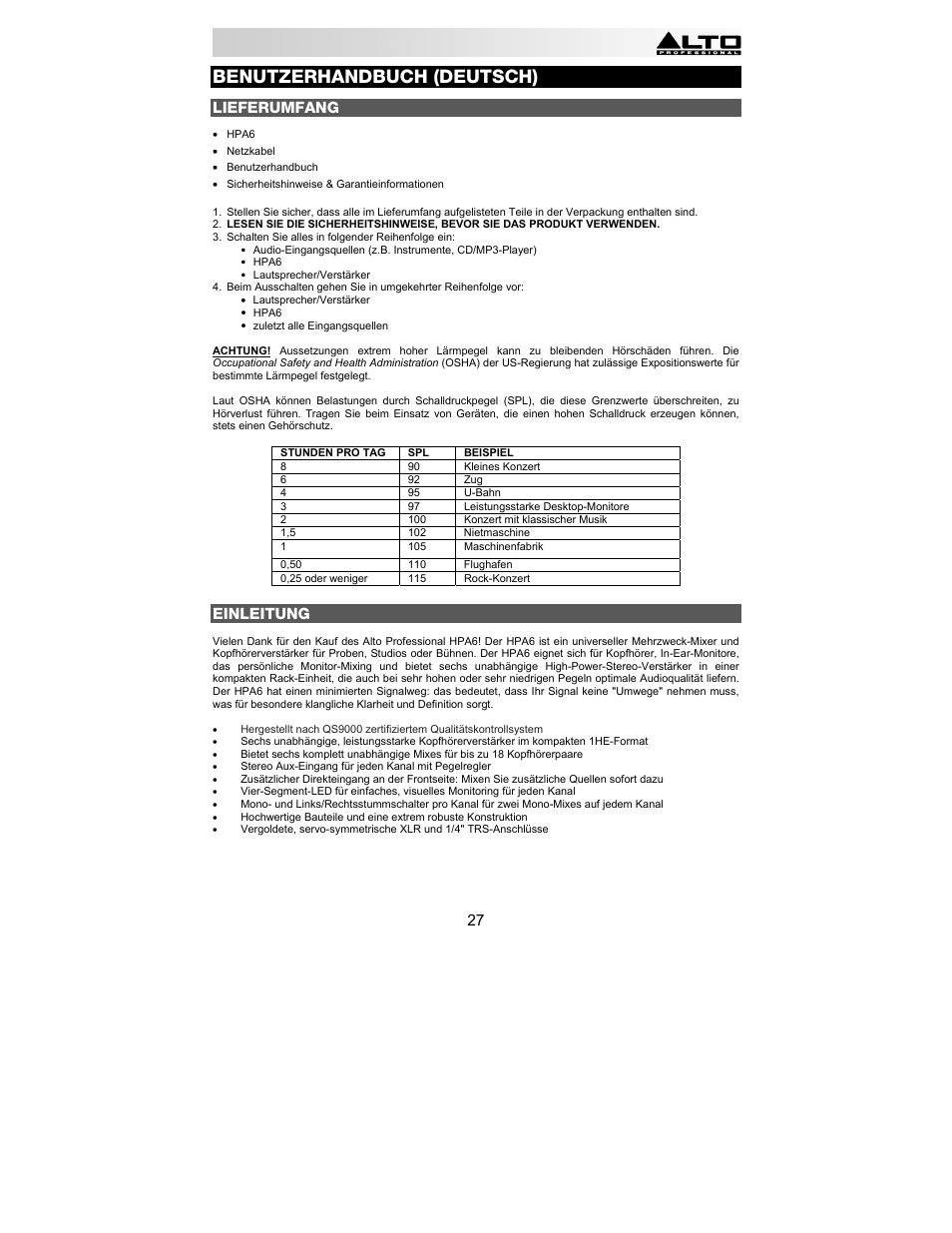 Benutzerhandbuch (deutsch), Lieferumfang, Einleitung | Alto Professional HPA6 User Manual | Page 27 / 40