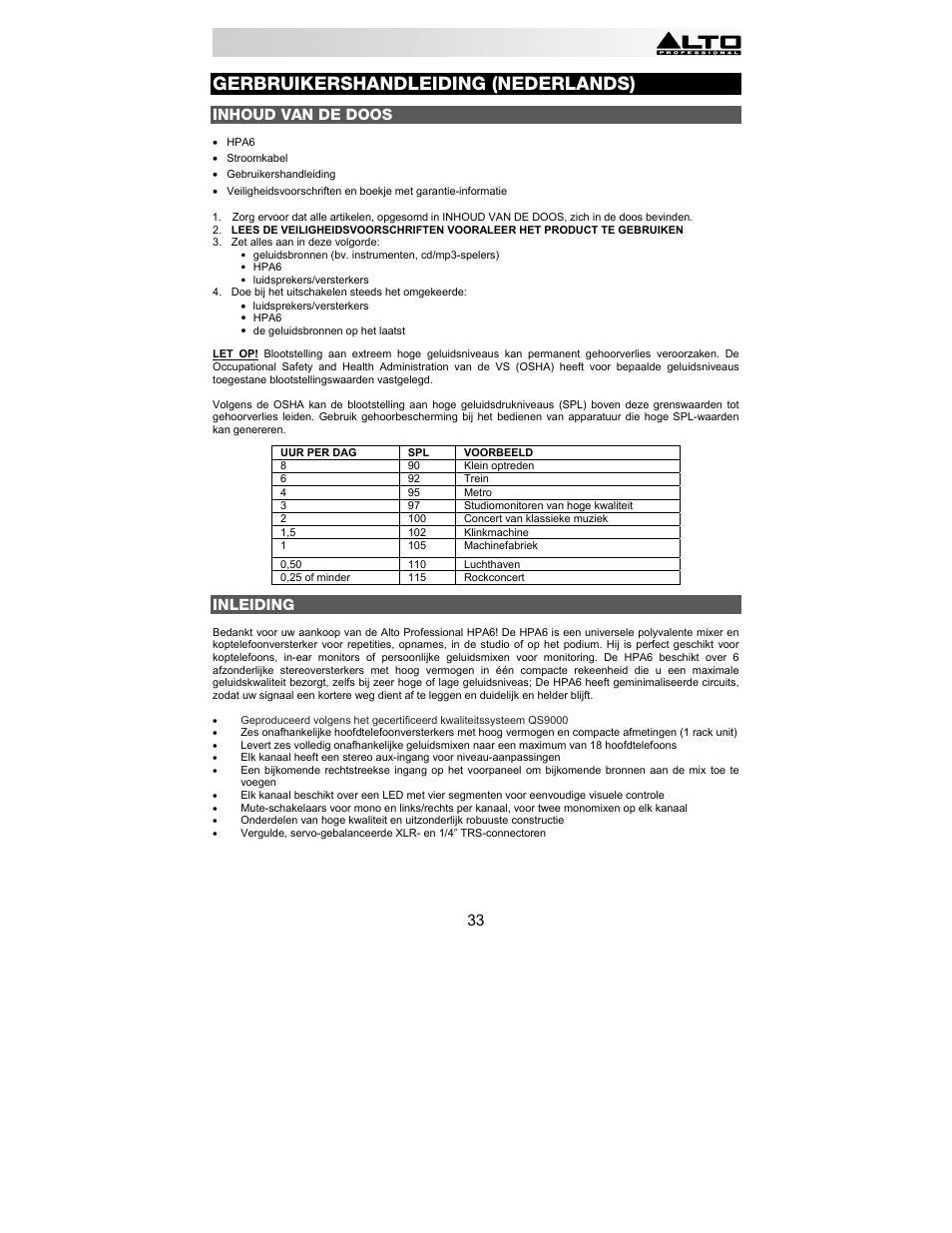 Gerbruikershandleiding (nederlands), Inhoud van de doos, Inleiding | Alto Professional HPA6 User Manual | Page 33 / 40