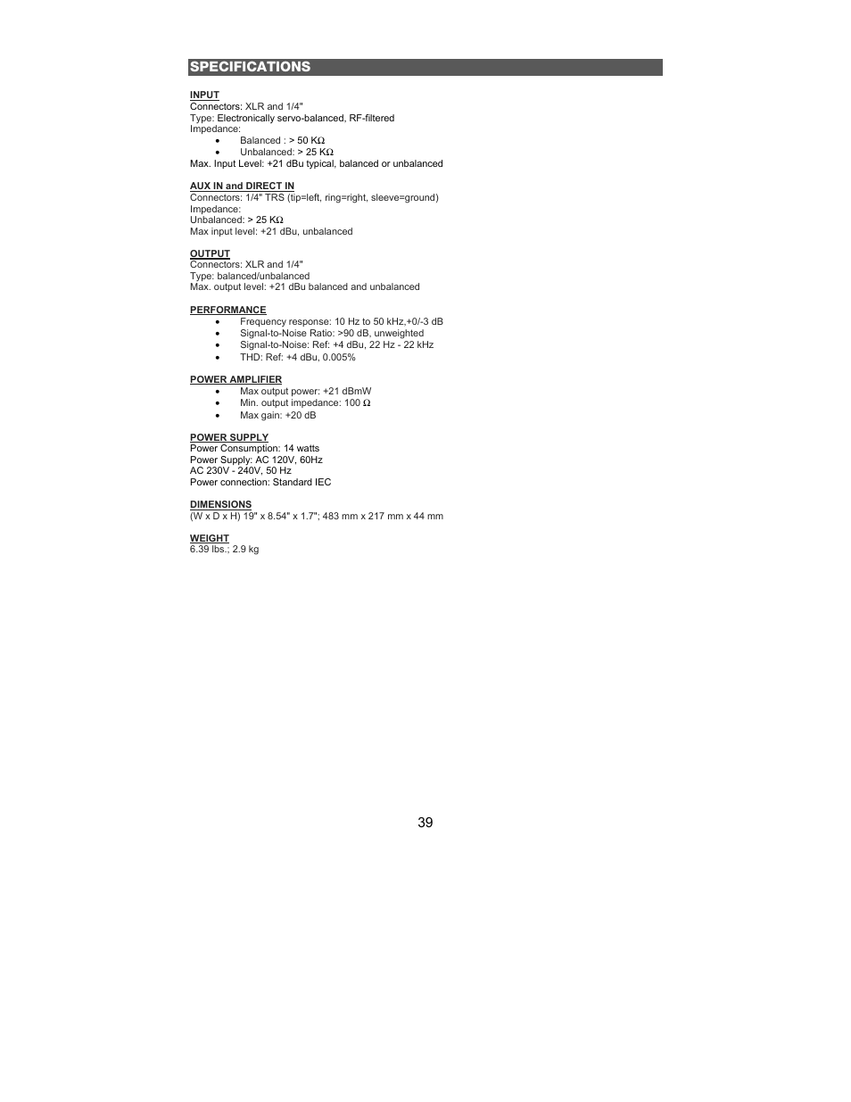 39 specifications | Alto Professional HPA6 User Manual | Page 39 / 40