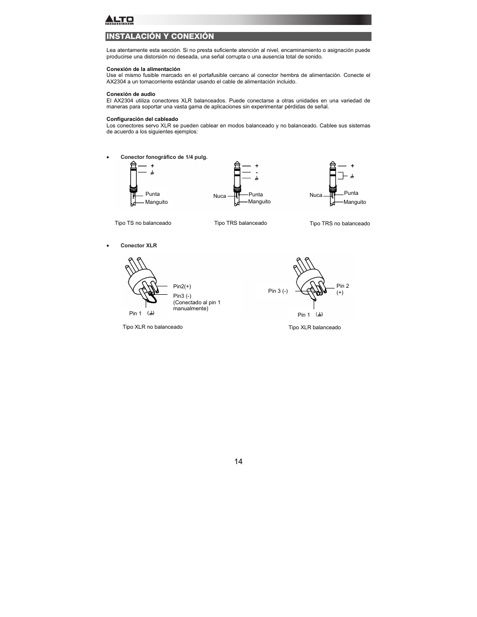Instalación y conexión | Alto Professional AX2304 User Manual | Page 14 / 64