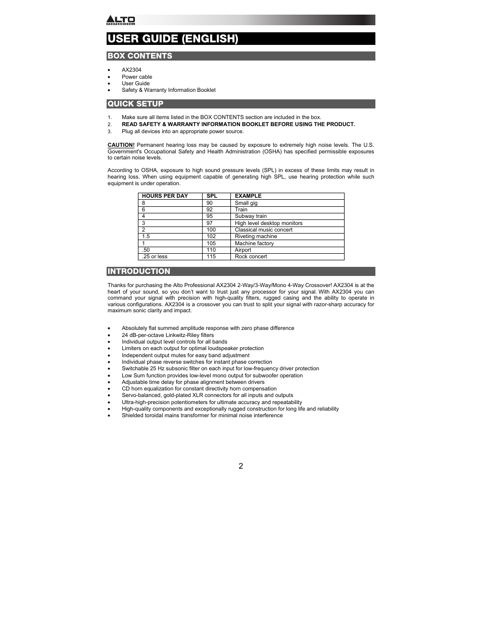 User guide (english), Box contents, Quick setup | Introduction | Alto Professional AX2304 User Manual | Page 2 / 64