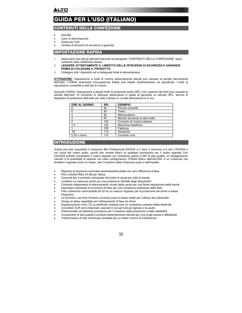 Guida per l'uso (italiano), Contenuti della confezione, Impostazione rapida | Introduzione | Alto Professional AX2304 User Manual | Page 32 / 64