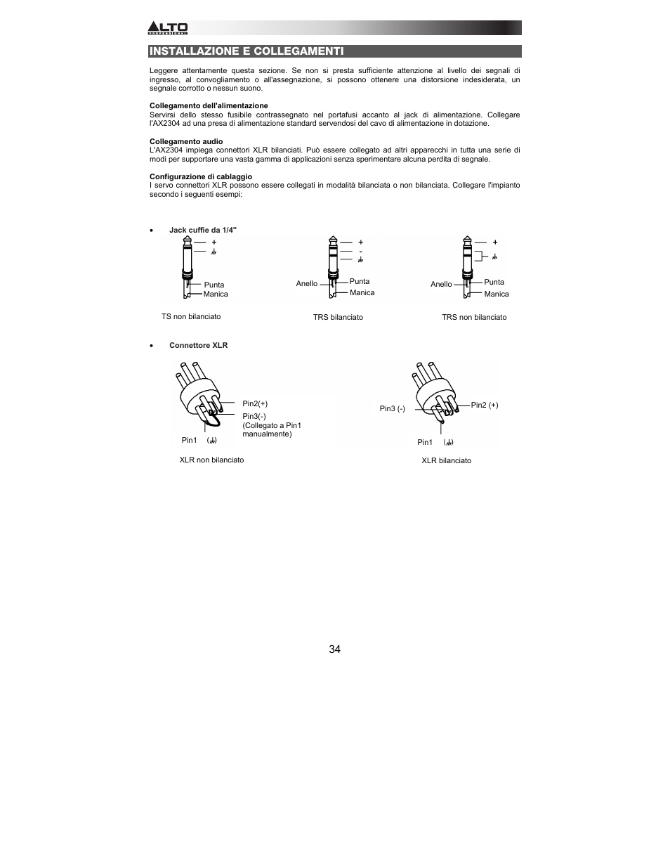 Installazione e collegamenti | Alto Professional AX2304 User Manual | Page 34 / 64