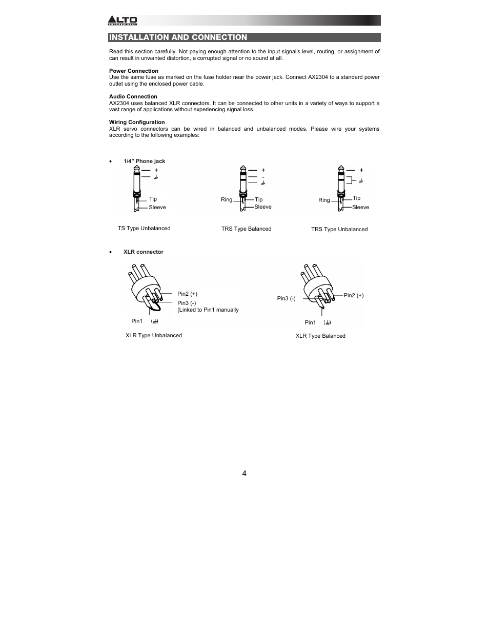 Installation and connection | Alto Professional AX2304 User Manual | Page 4 / 64