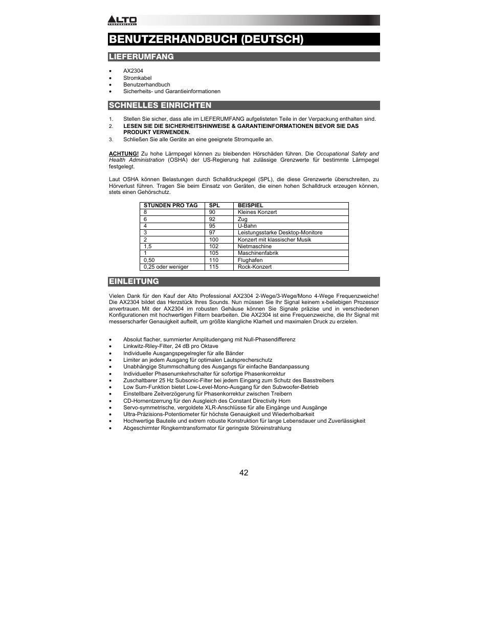 Benutzerhandbuch (deutsch), Lieferumfang, Schnelles einrichten | Einleitung | Alto Professional AX2304 User Manual | Page 42 / 64