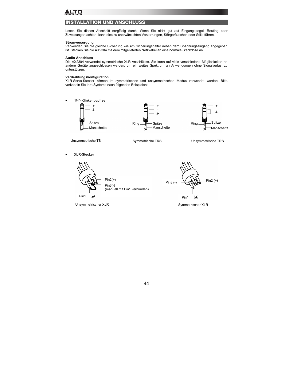 Installation und anschluss | Alto Professional AX2304 User Manual | Page 44 / 64