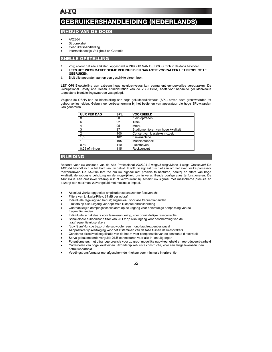 Gebruikershandleiding (nederlands), Inhoud van de doos, Snelle opstelling | Inleiding | Alto Professional AX2304 User Manual | Page 52 / 64