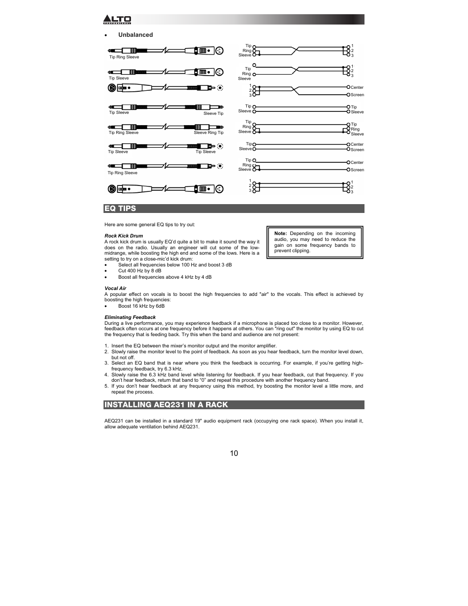 Eq tips, Installing aeq231 in a rack | Alto Professional AEQ231 User Manual | Page 10 / 52