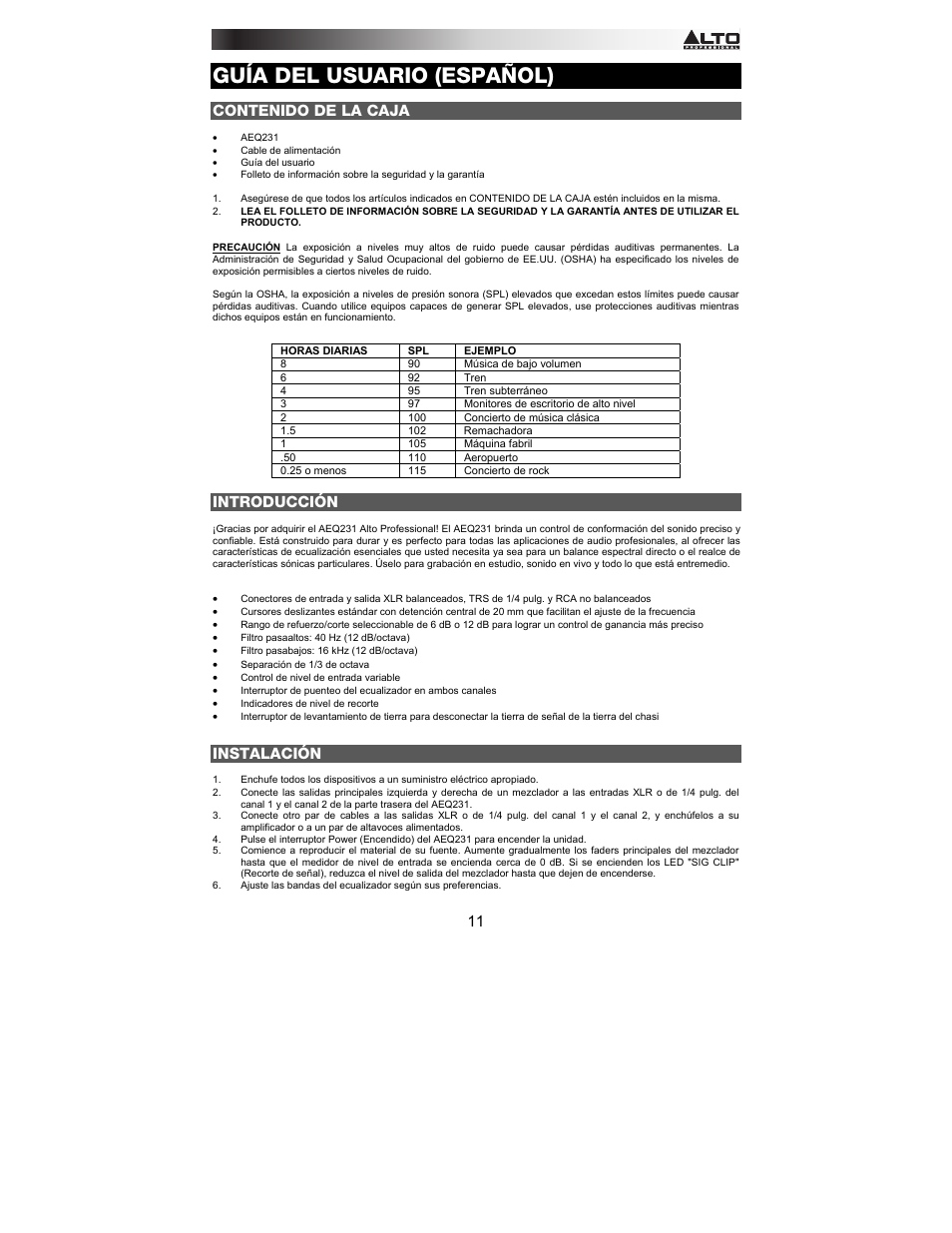Alto Professional AEQ231 User Manual | Page 11 / 52