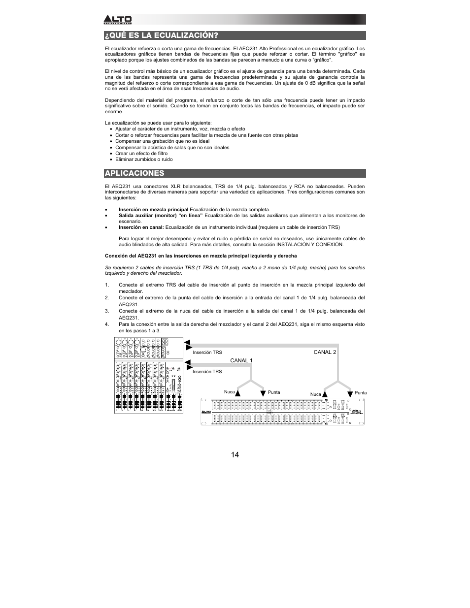 Qué es la ecualización, Aplicaciones | Alto Professional AEQ231 User Manual | Page 14 / 52