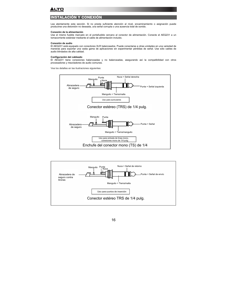 Instalación y conexión, Enchufe del conector mono (ts) de 1/4 | Alto Professional AEQ231 User Manual | Page 16 / 52