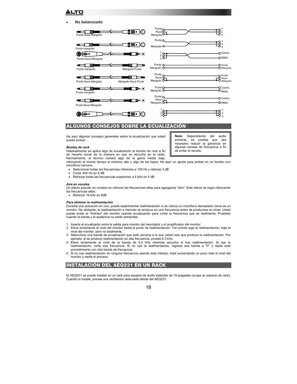 Algunos consejos sobre la ecualización, Instalación del aeq231 en un rack | Alto Professional AEQ231 User Manual | Page 18 / 52