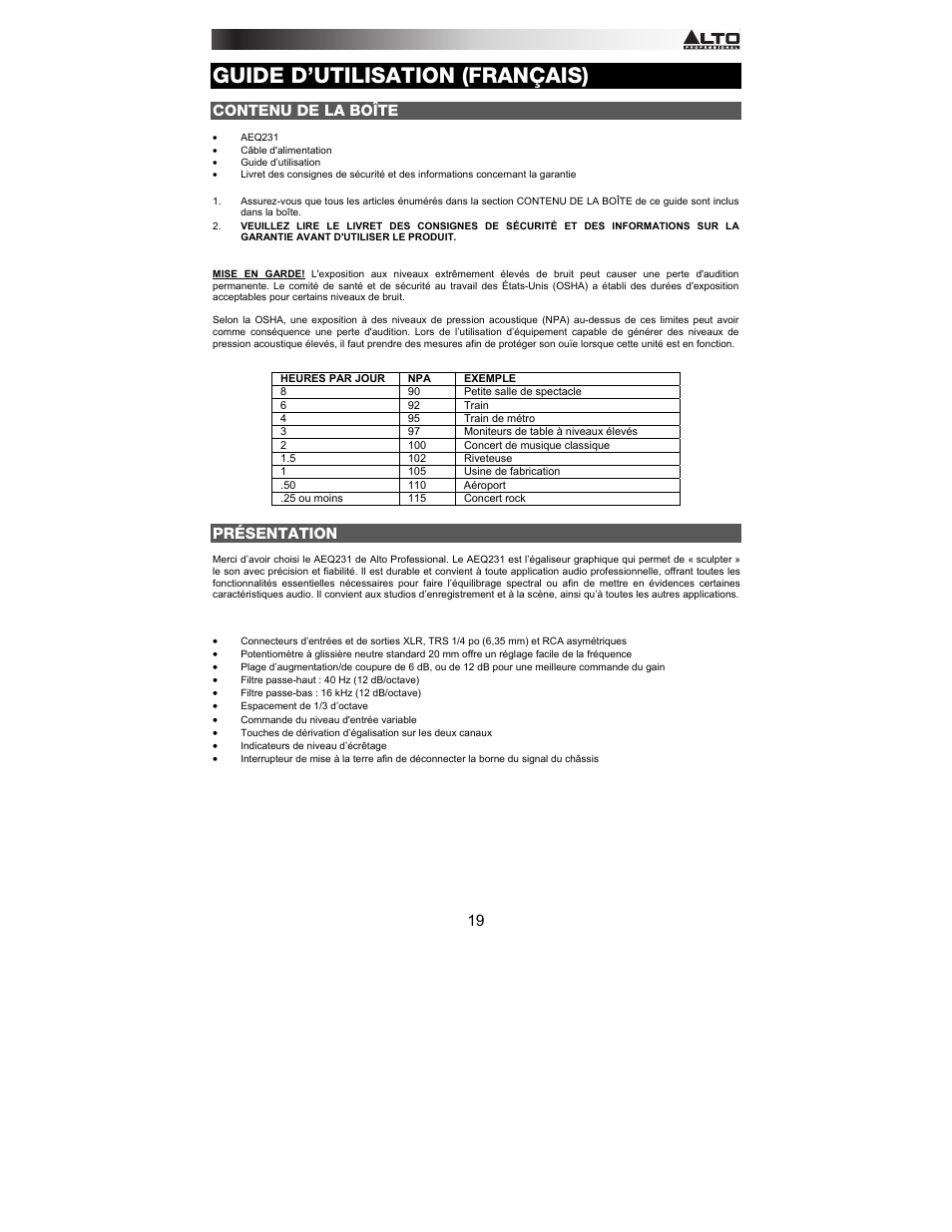 Guide d’utilisation (français), Contenu de la boîte, Présentation | Alto Professional AEQ231 User Manual | Page 19 / 52