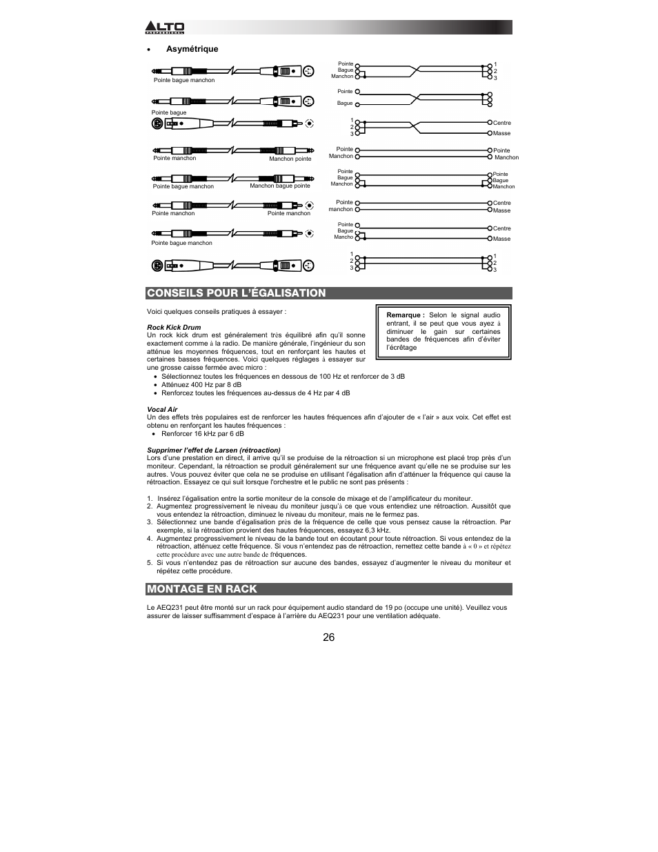 Conseils pour l’égalisation, Montage en rack | Alto Professional AEQ231 User Manual | Page 26 / 52