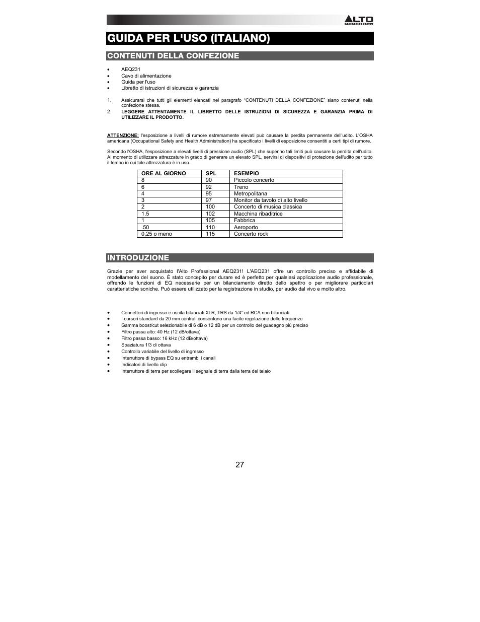 Guida per l'uso (italiano), Contenuti della confezione, Introduzione | Alto Professional AEQ231 User Manual | Page 27 / 52