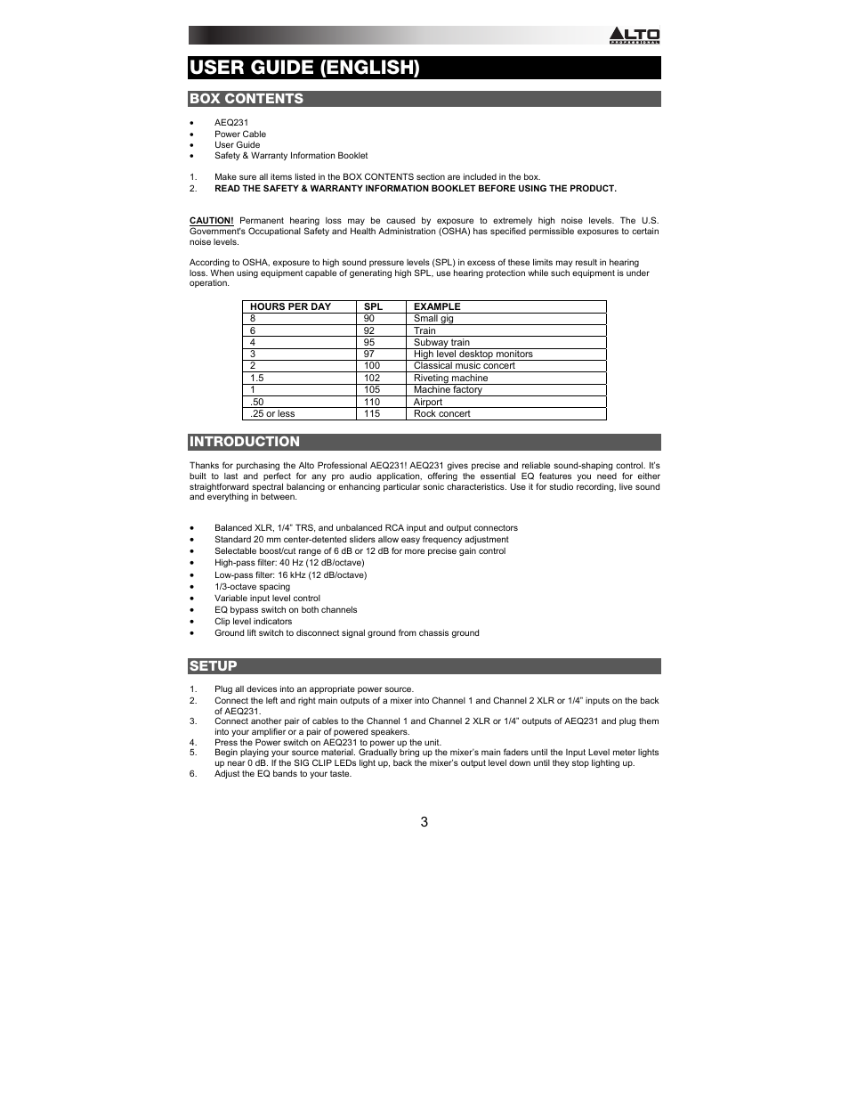 User guide (english), Box contents, Introduction | Setup | Alto Professional AEQ231 User Manual | Page 3 / 52