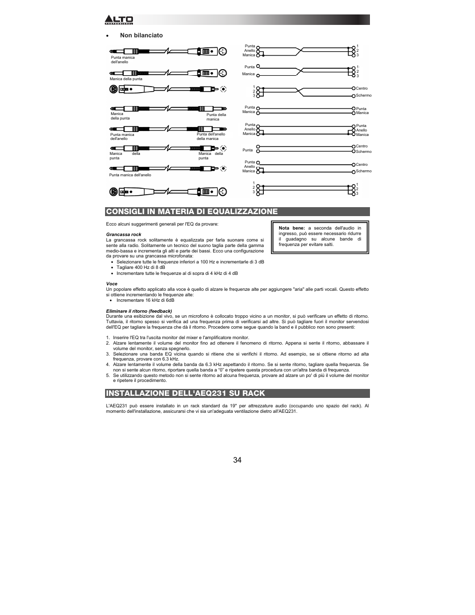 Consigli in materia di equalizzazione, Installazione dell'aeq231 su rack, Non bilanciato | Alto Professional AEQ231 User Manual | Page 34 / 52