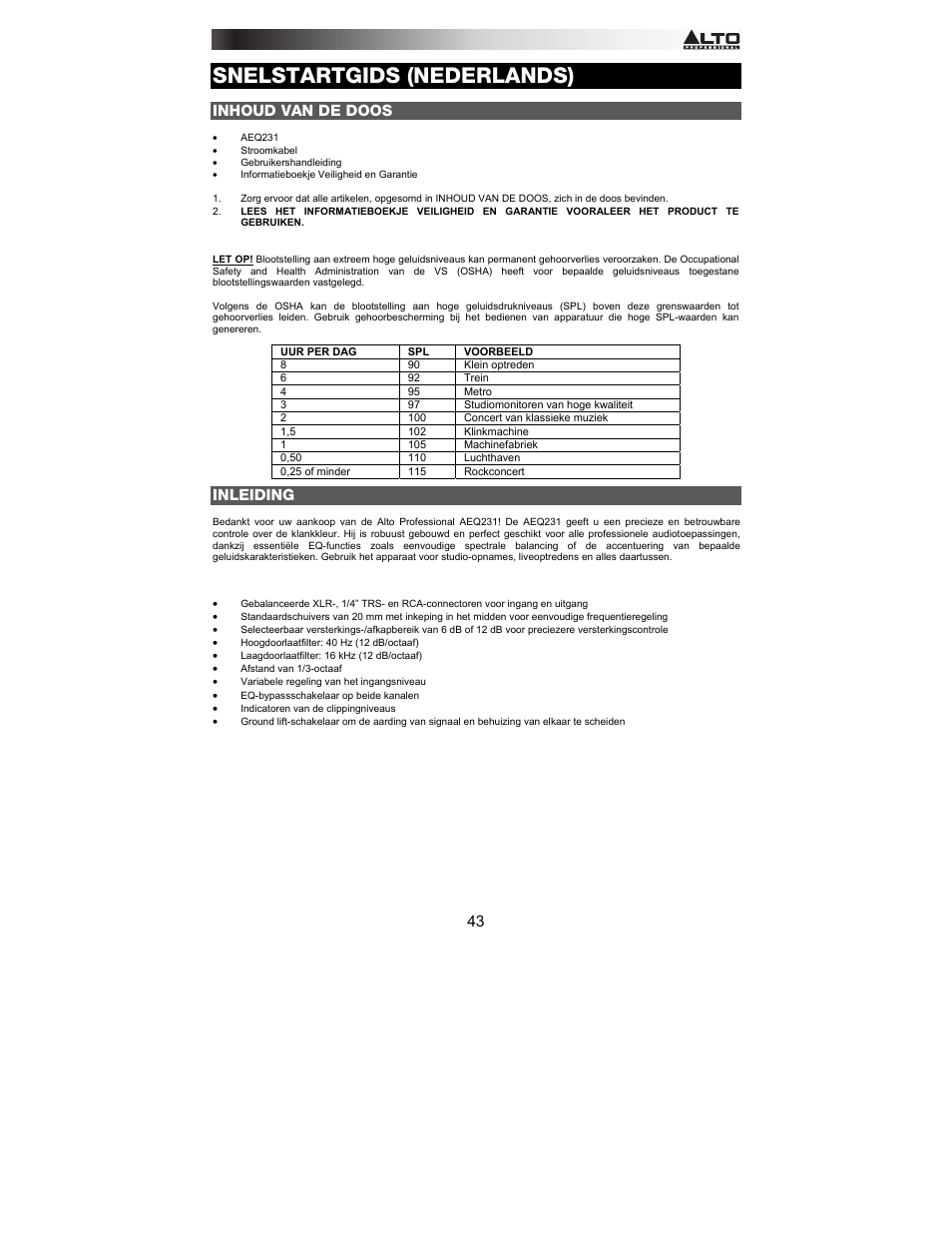 Snelstartgids (nederlands), Inhoud van de doos, Inleiding | Alto Professional AEQ231 User Manual | Page 43 / 52