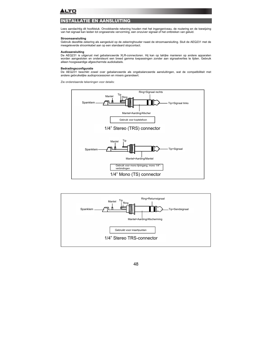 Installatie en aansluiting, 1/4” mono (ts) connector | Alto Professional AEQ231 User Manual | Page 48 / 52
