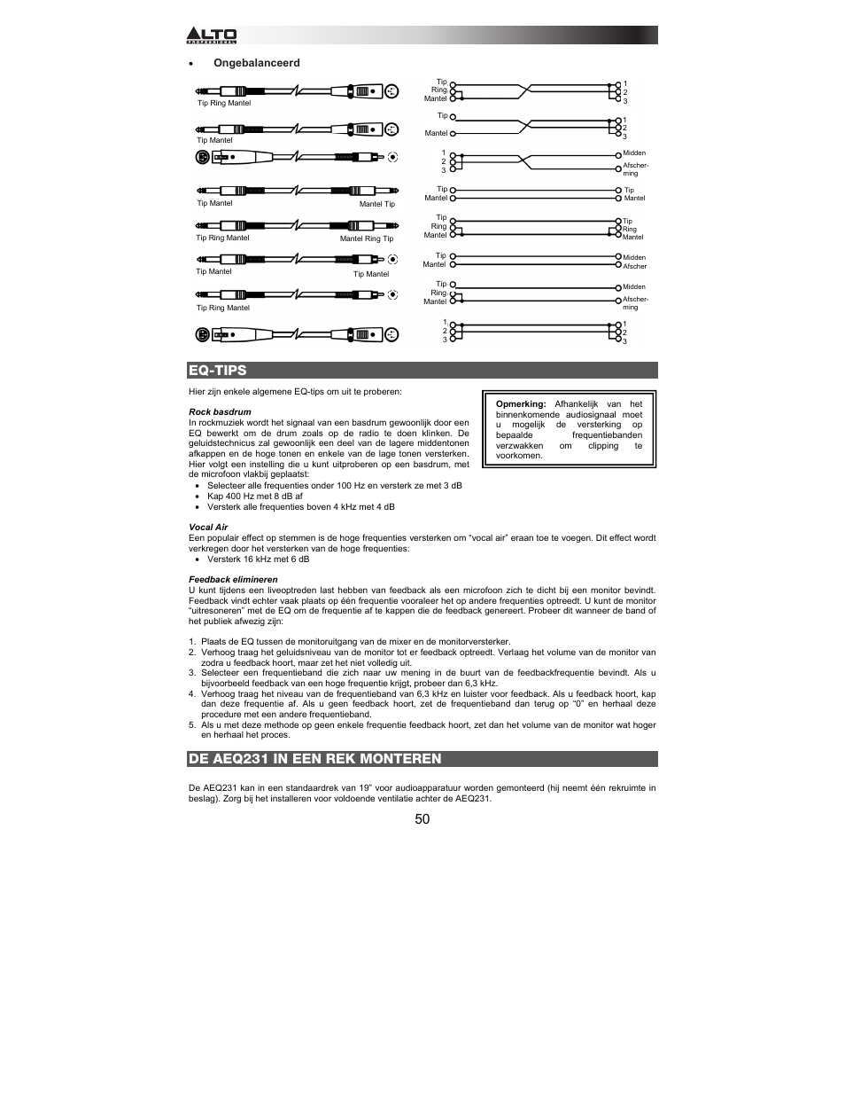 Eq-tips, De aeq231 in een rek monteren | Alto Professional AEQ231 User Manual | Page 50 / 52