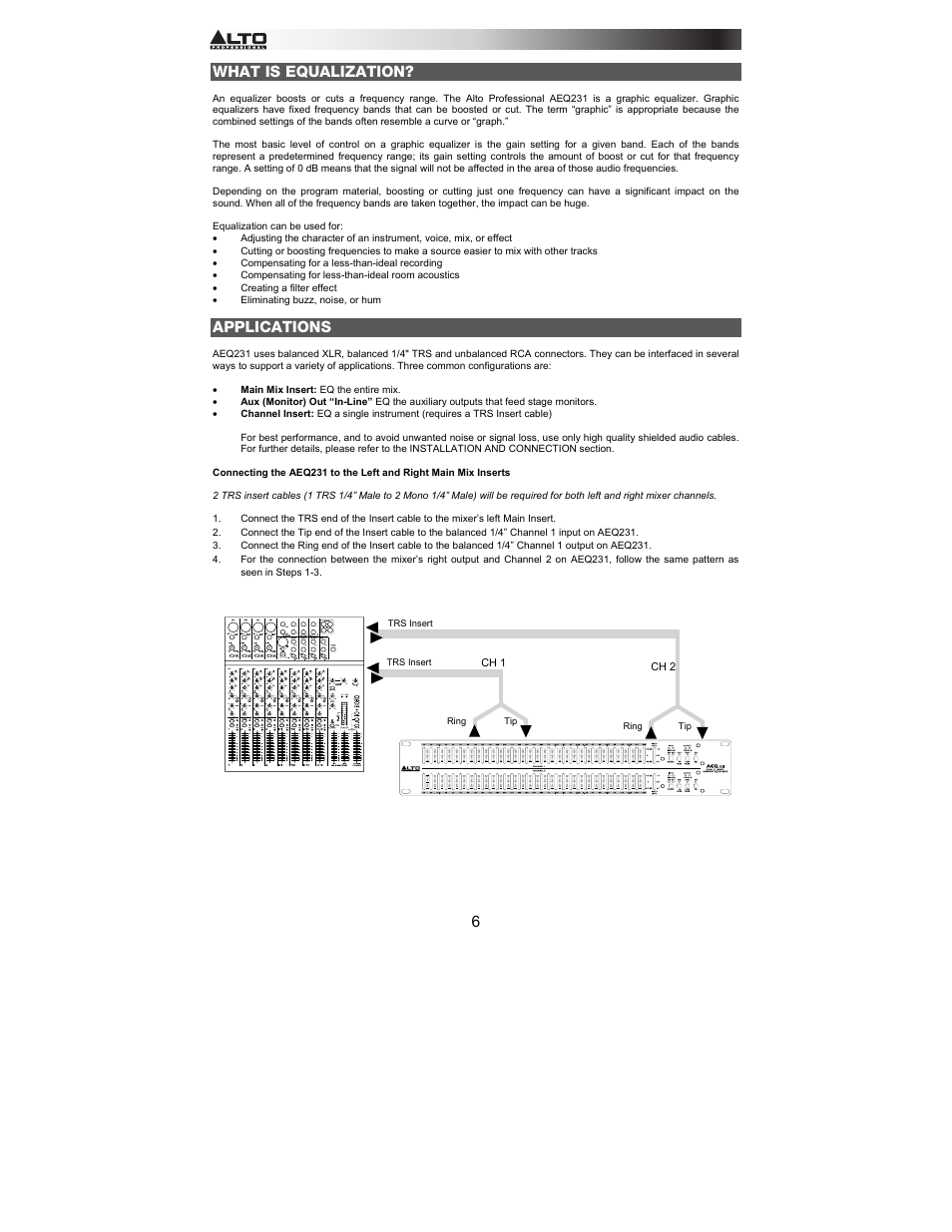 What is equalization, Applications | Alto Professional AEQ231 User Manual | Page 6 / 52