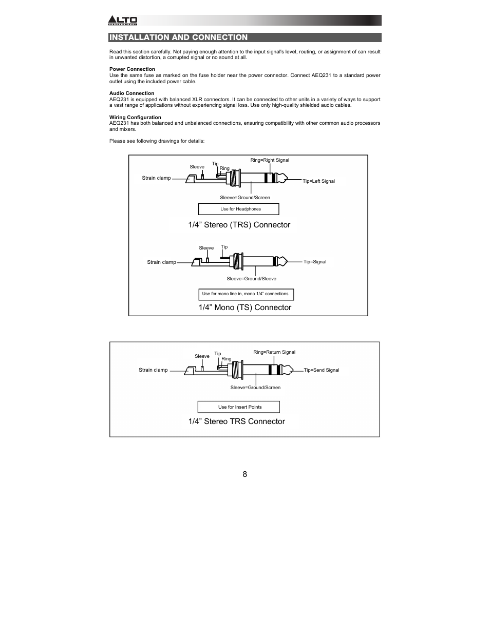 Installation and connection, 1/4” mono (ts) connector | Alto Professional AEQ231 User Manual | Page 8 / 52