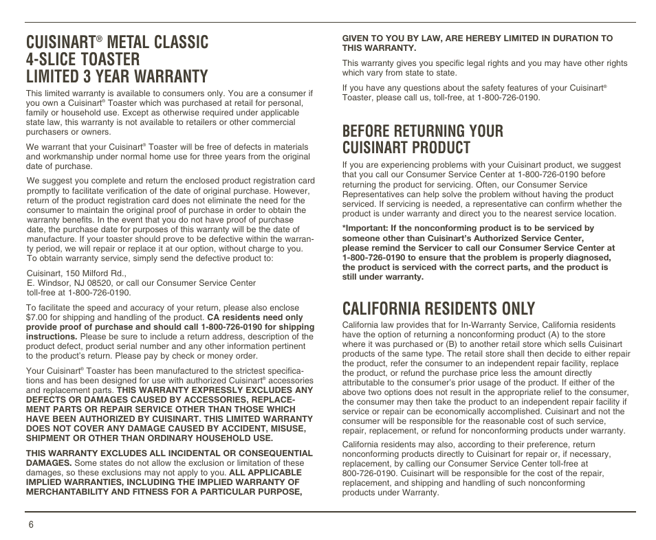 Cuisinart, California residents only, Before returning your cuisinart product | Cuisinart A IB-4625B User Manual | Page 7 / 9