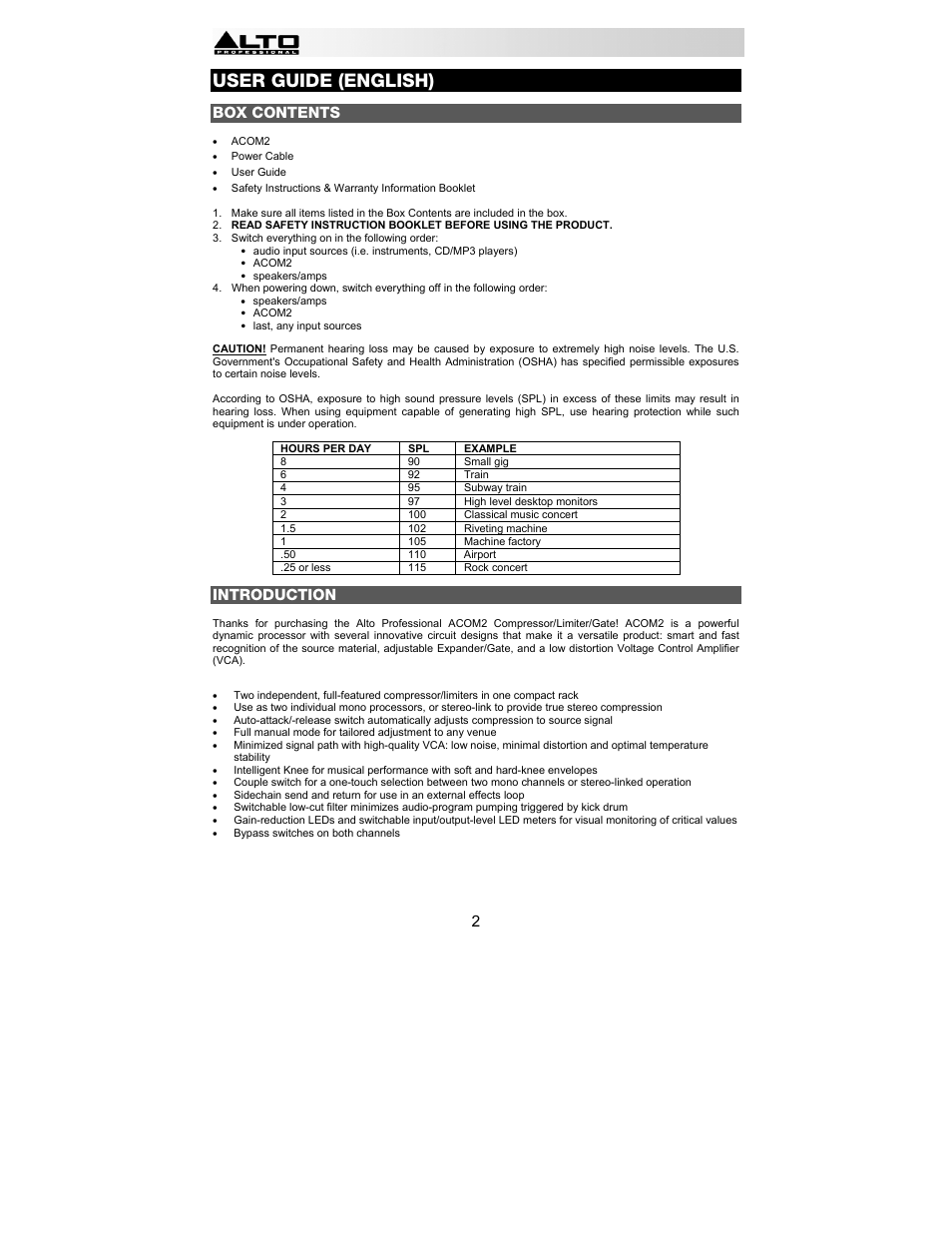 User guide (english), Box contents, Introduction | Alto Professional ACOM2 User Manual | Page 2 / 60