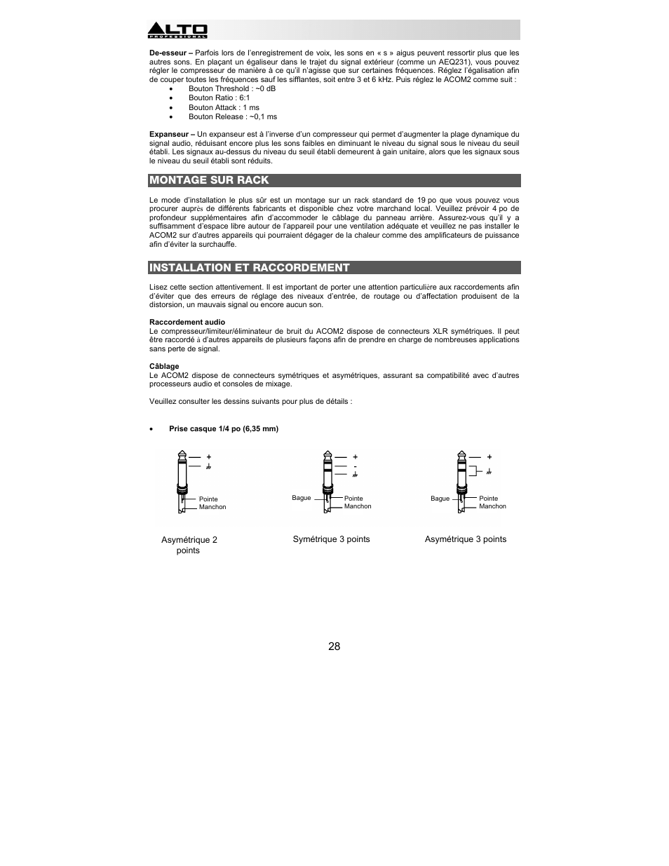 Montage sur rack, Installation et raccordement | Alto Professional ACOM2 User Manual | Page 28 / 60