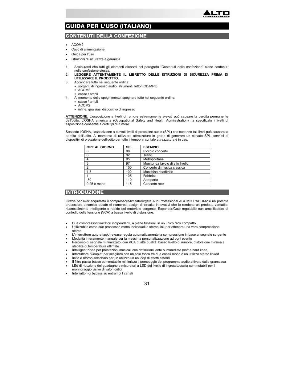 Guida per l'uso (italiano), Contenuti della confezione, Introduzione | Alto Professional ACOM2 User Manual | Page 31 / 60